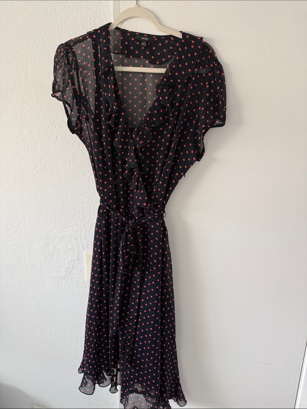 MSK Navy Polka Dot Wrap Dress with Pink Dot Accents